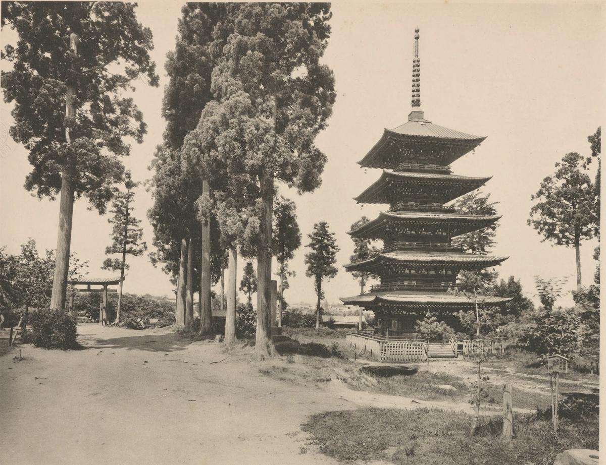 A five-storied wooden pagoda among trees, Hirosaki, Aomori Prefecture, 1915