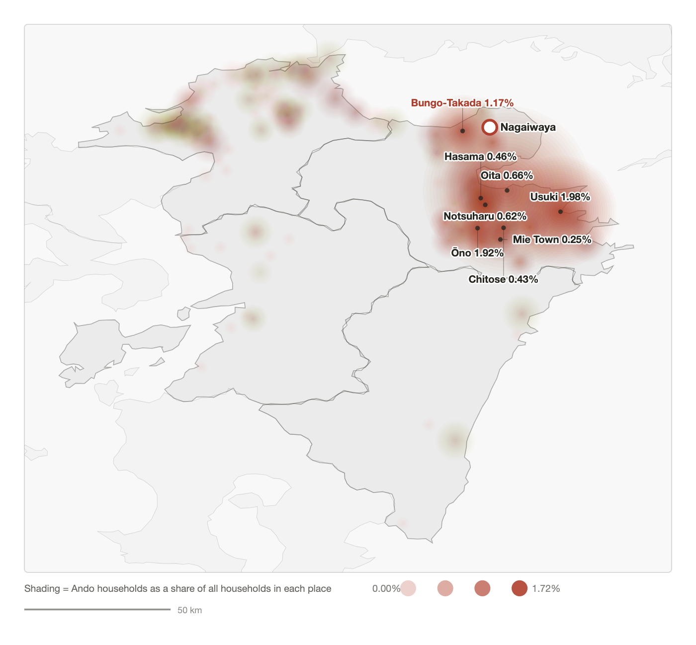 Heat map of the Ando surname across northern Kyushu