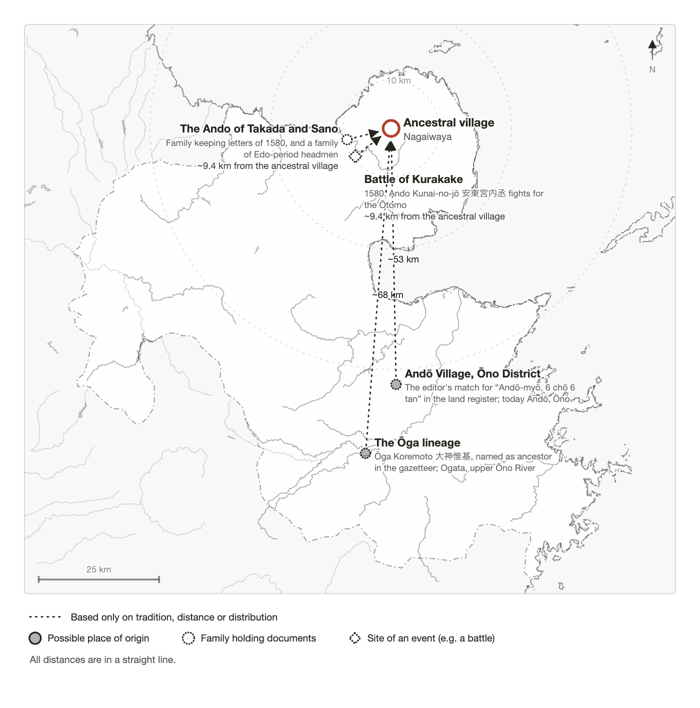 Map of Oita showing the ancestral village and the three places linked to the Ando name